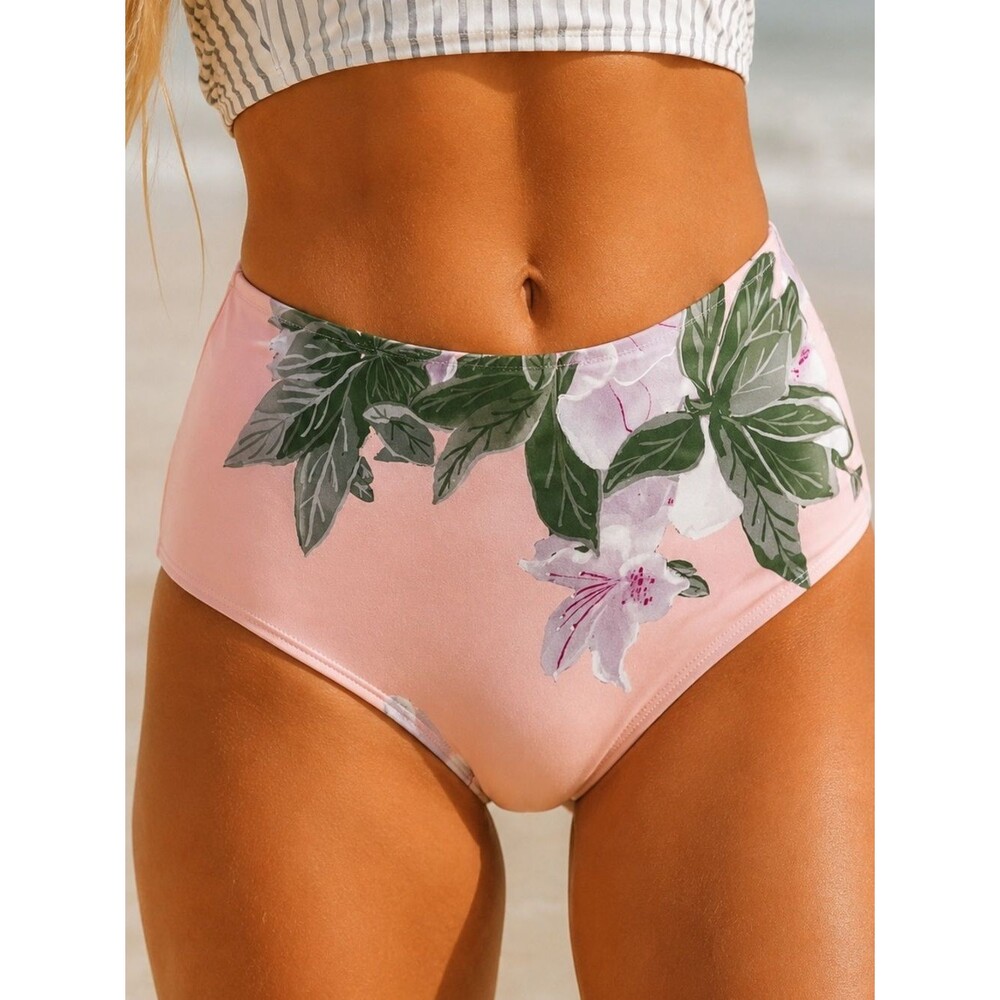 Albion Lulu High Waisted Swim Bottoms Sz Small Pink Hibiscus Floral Bikini Brief